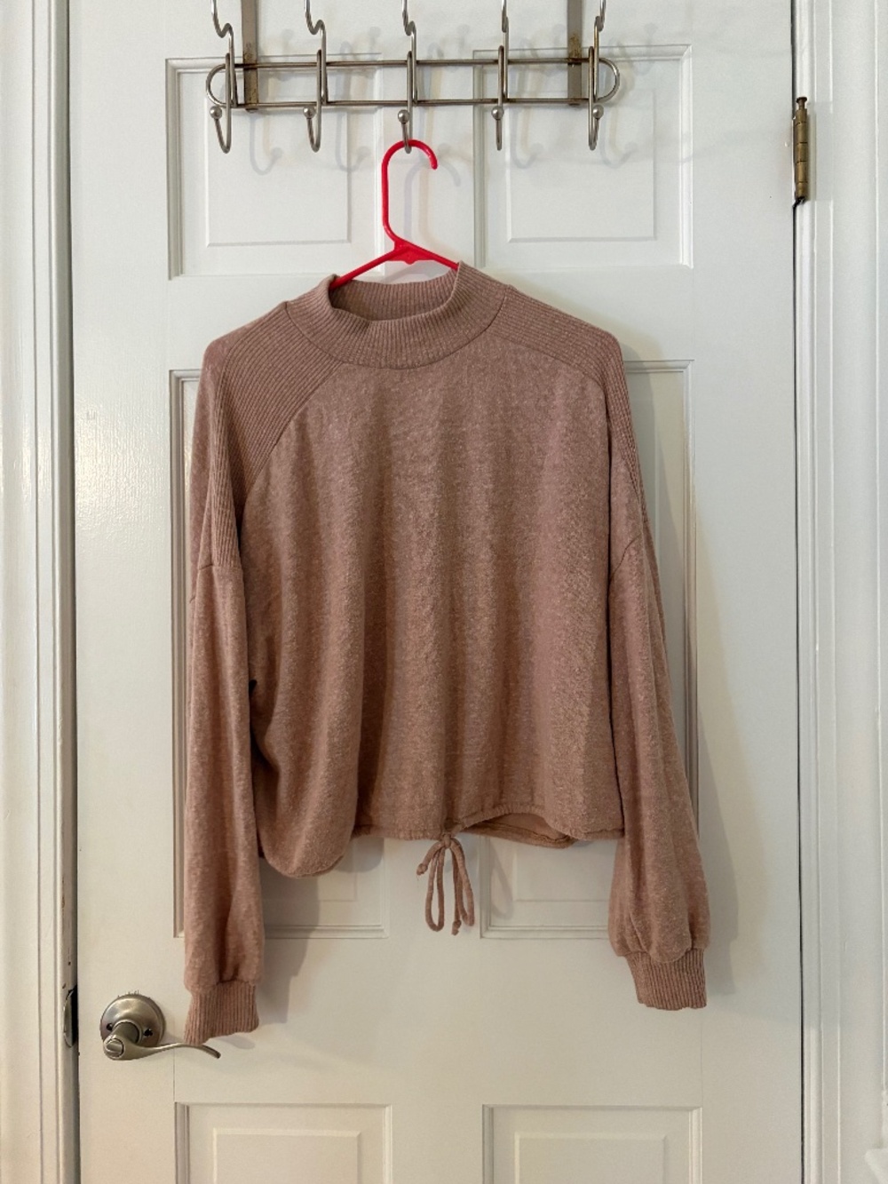 Dusty Mauve Mock Neck Drawstring Hem Knit Sweater Top